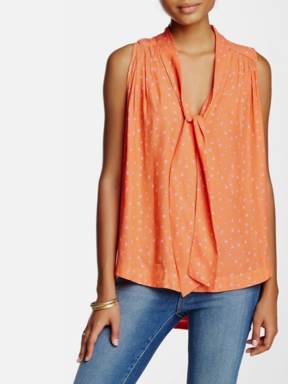 NWT Free People Coral Print Tie-Neck Sleeveless Top